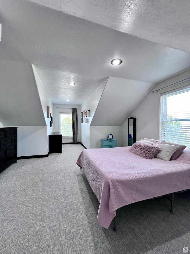4433 Devonshire Dr W, Bountiful, UT 84010 - carpeted bedroom with a textured ceiling, lofted ceiling, and recessed lighting