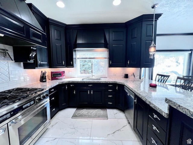 4433 Devonshire Dr W, Bountiful, UT 84010 - kitchen featuring stainless steel appliances, dark cabinetry, light stone counters, tasteful backsplash, and recessed lighting