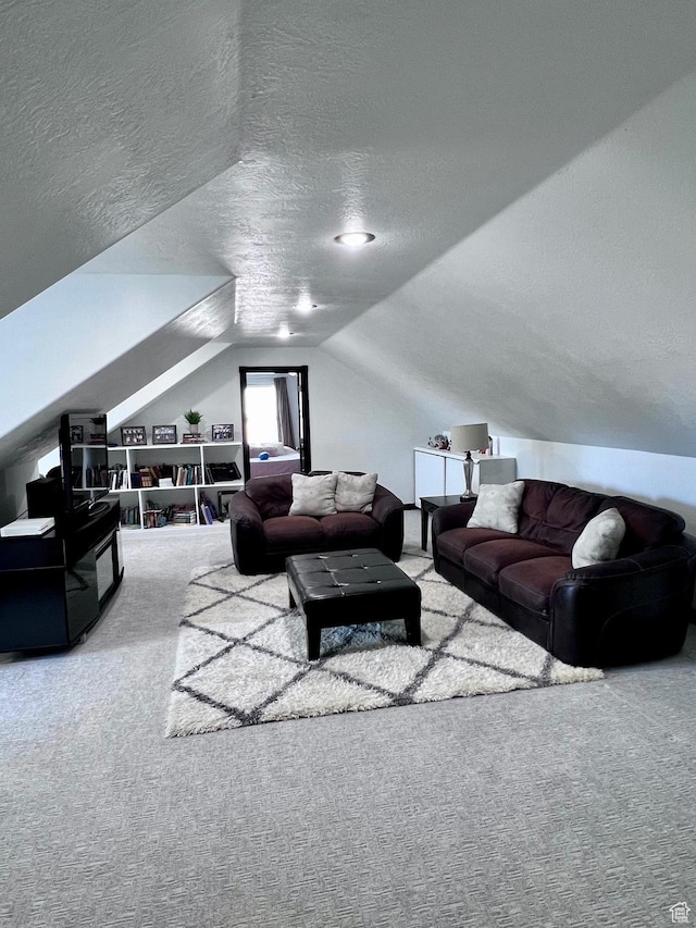 4433 Devonshire Dr W, Bountiful, UT 84010 - living area with a textured ceiling, carpet floors, and lofted ceiling