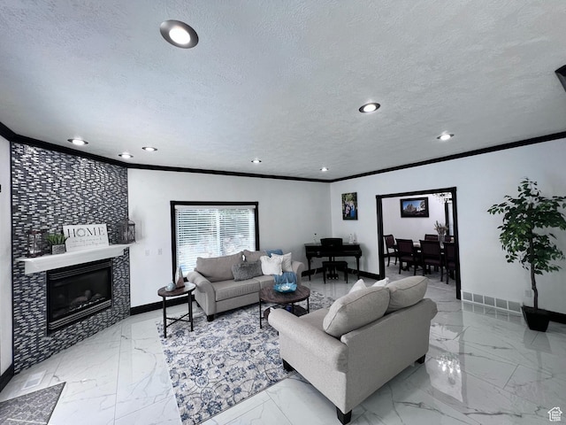 4433 Devonshire Dr W, Bountiful, UT 84010 - living area with baseboards, ornamental molding, light marble finish flooring, recessed lighting, and a tiled fireplace