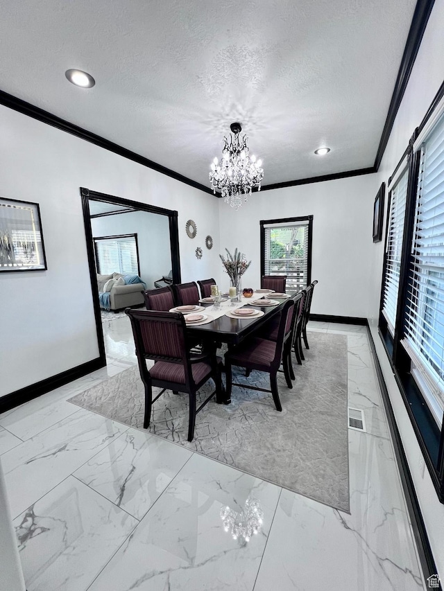 4433 Devonshire Dr W, Bountiful, UT 84010 - dining space featuring crown molding, light marble finish flooring, baseboards, a chandelier, and a textured ceiling