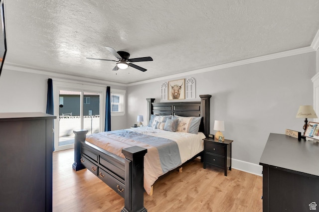 6767 S 1600 W, West Jordan, UT 84084 - bedroom featuring access to exterior, light wood finished floors, a textured ceiling, crown molding, and a ceiling fan