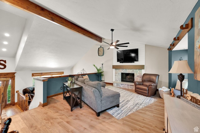 6767 S 1600 W, West Jordan, UT 84084 - living room with ceiling fan, light wood-type flooring, a stone fireplace, recessed lighting, and baseboards