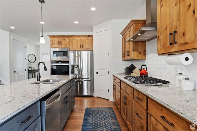 1046 W Seasons View Ct, Lehi, UT 84043 - kitchen featuring appliances with stainless steel finishes, wall chimney range hood, a sink, wood finished floors, and decorative backsplash