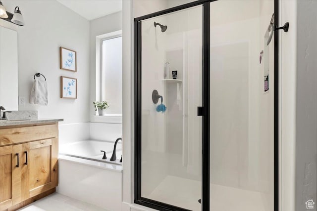 1046 W Seasons View Ct, Lehi, UT 84043 - full bathroom featuring vanity, a bath, and a stall shower