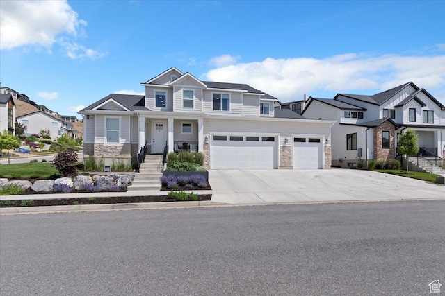 1046 W Seasons View Ct, Lehi, UT 84043 - view of front of property featuring stone siding, driveway, a residential view, and an attached garage