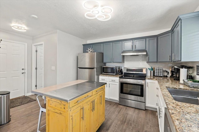 7265 N Ute Dr, Eagle Mountain, UT 84005 - kitchen with appliances with stainless steel finishes, under cabinet range hood, dark wood-type flooring, tasteful backsplash, and a textured ceiling