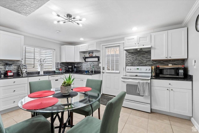 7265 N Ute Dr, Eagle Mountain, UT 84005 - kitchen featuring white appliances, under cabinet range hood, tasteful backsplash, ornamental molding, and a sink