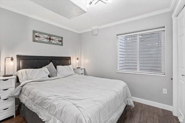7265 N Ute Dr, Eagle Mountain, UT 84005 - bedroom featuring dark wood finished floors, ornamental molding, and baseboards
