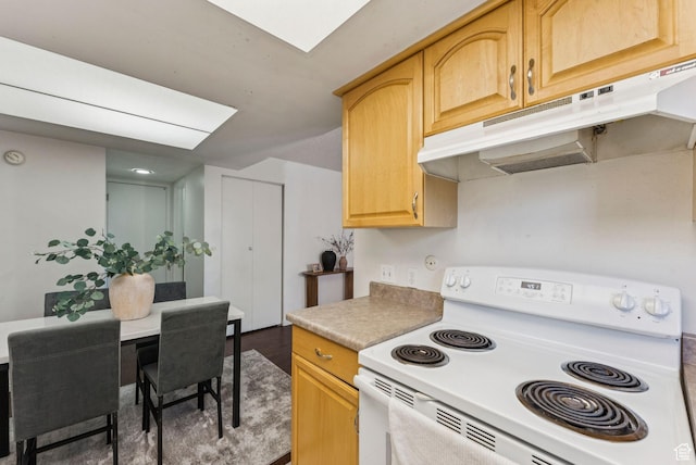 1044 E Quail Park Dr S Unit C, Millcreek, UT 84117 - kitchen featuring white electric range, under cabinet range hood, light countertops, and wood finished floors