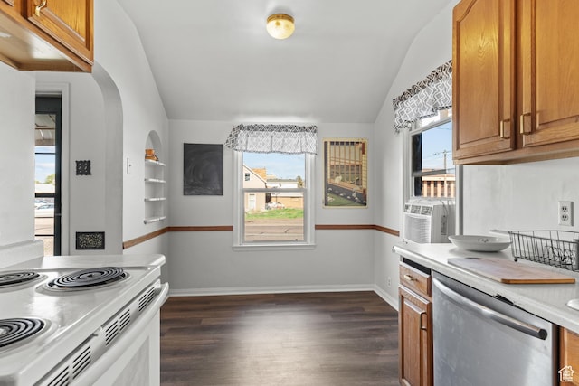 105 N 100 W, Richfield, UT 84701 - kitchen with dishwasher, lofted ceiling, brown cabinetry, light countertops, and dark wood-type flooring