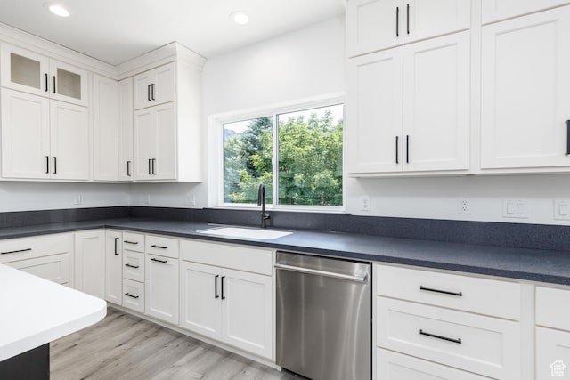3616 N 600 E, North Ogden, UT 84414 - kitchen featuring stainless steel dishwasher, a sink, white cabinets, dark countertops, and recessed lighting