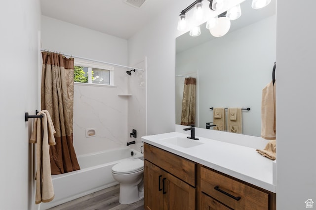 3616 N 600 E, North Ogden, UT 84414 - full bathroom featuring vanity, shower / bath combo with shower curtain, wood finished floors, and toilet