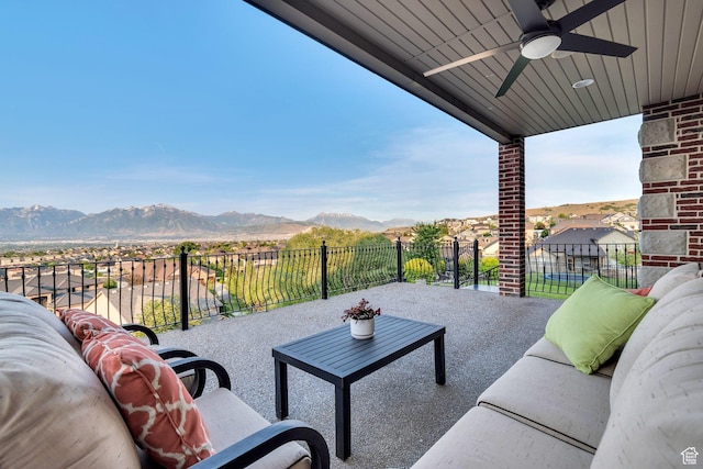 14709 S Cedar Knoll Cir, Herriman, UT 84096 - view of patio featuring an outdoor living space, a mountain view, and a ceiling fan