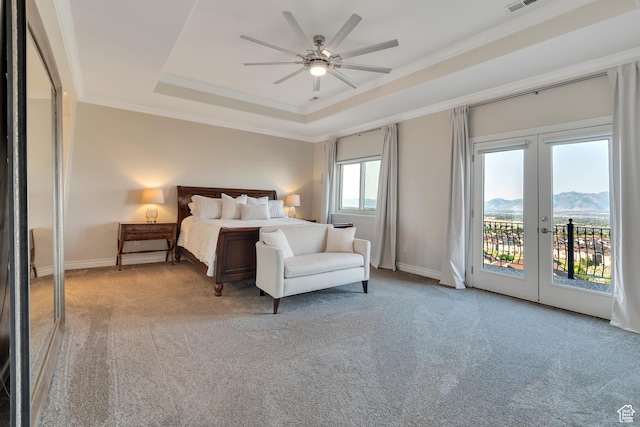 14709 S Cedar Knoll Cir, Herriman, UT 84096 - carpeted bedroom featuring a raised ceiling, access to exterior, a mountain view, french doors, and baseboards
