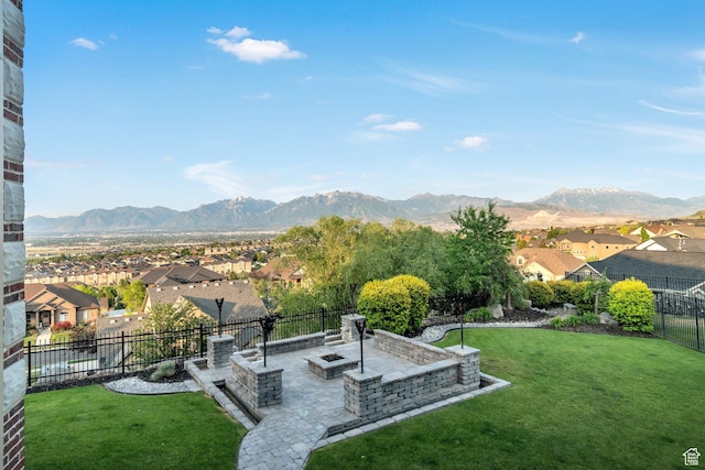 14709 S Cedar Knoll Cir, Herriman, UT 84096 - view of yard with a residential view, a mountain view, a patio area, and a fire pit