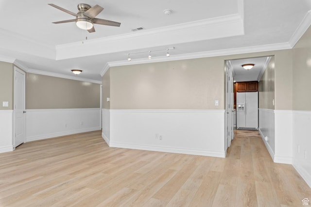 14709 S Cedar Knoll Cir, Herriman, UT 84096 - unfurnished room with light wood-style flooring, ceiling fan, a smoke detector, rail lighting, and crown molding