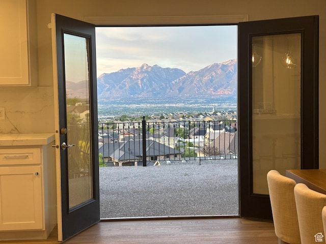 14709 S Cedar Knoll Cir, Herriman, UT 84096 - doorway featuring wood finished floors, a mountain view, and healthy amount of natural light