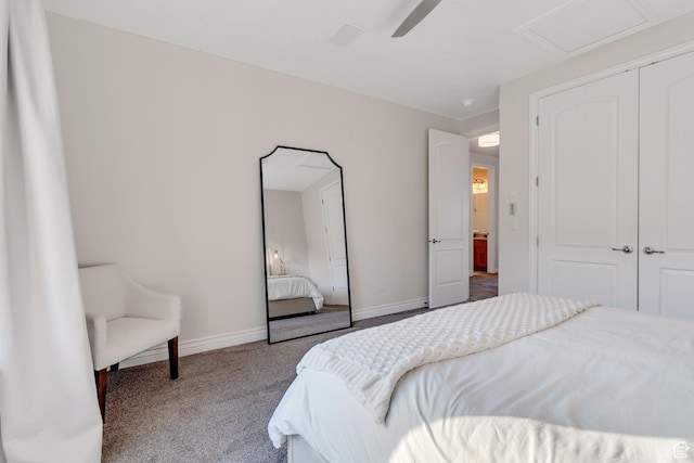 14709 S Cedar Knoll Cir, Herriman, UT 84096 - carpeted bedroom with a closet, baseboards, a ceiling fan, and attic access