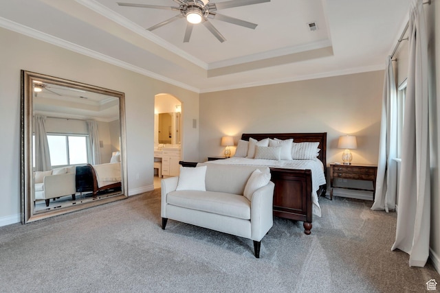 14709 S Cedar Knoll Cir, Herriman, UT 84096 - bedroom featuring a raised ceiling, carpet flooring, arched walkways, ornamental molding, and baseboards