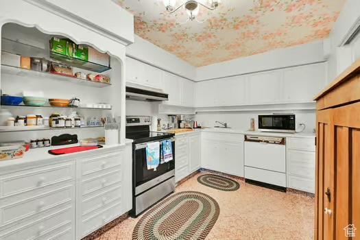 1785 29th St Unit 504, Ogden, UT 84403 - kitchen with stainless steel range with electric cooktop, under cabinet range hood, white dishwasher, black microwave, and light countertops