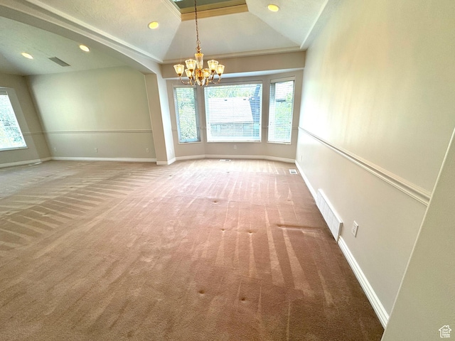 362 S Glen Cir E, Fruit Heights, UT 84037 - empty room featuring a chandelier, light colored carpet, lofted ceiling, baseboards, and recessed lighting