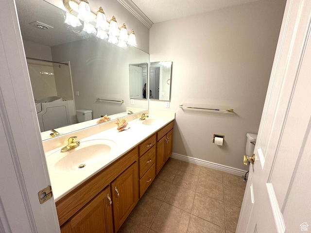 362 S Glen Cir E, Fruit Heights, UT 84037 - bathroom featuring toilet, double vanity, baseboards, tile patterned flooring, and a shower