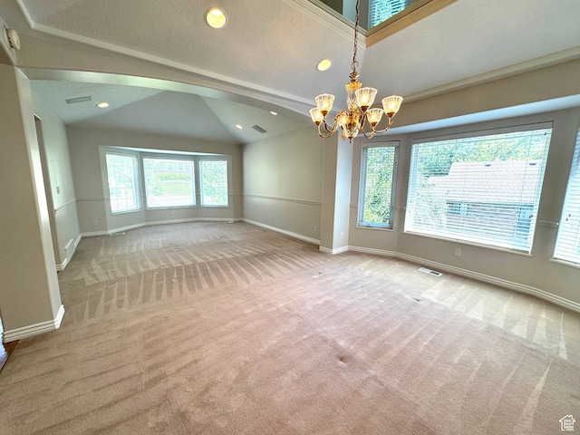 362 S Glen Cir E, Fruit Heights, UT 84037 - empty room with lofted ceiling, a chandelier, baseboards, carpet flooring, and recessed lighting