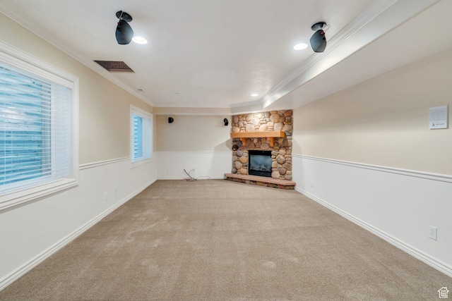 719 E Hampton Ct N, Alpine, UT 84004 - unfurnished living room with ornamental molding, a fireplace, carpet flooring, recessed lighting, and baseboards