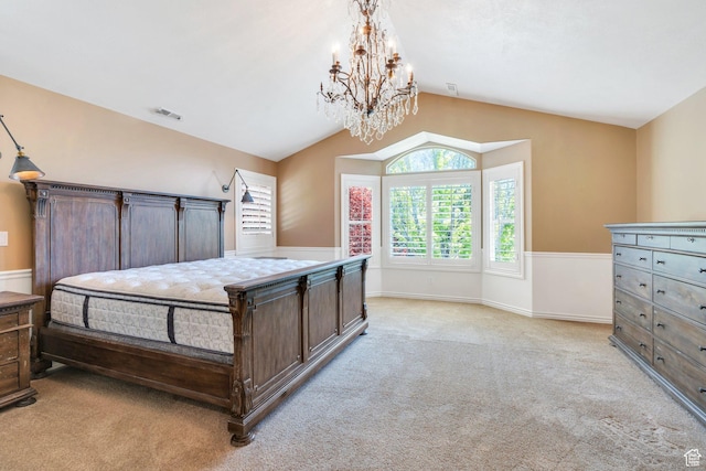 719 E Hampton Ct N, Alpine, UT 84004 - bedroom featuring a chandelier, light colored carpet, vaulted ceiling, and baseboards