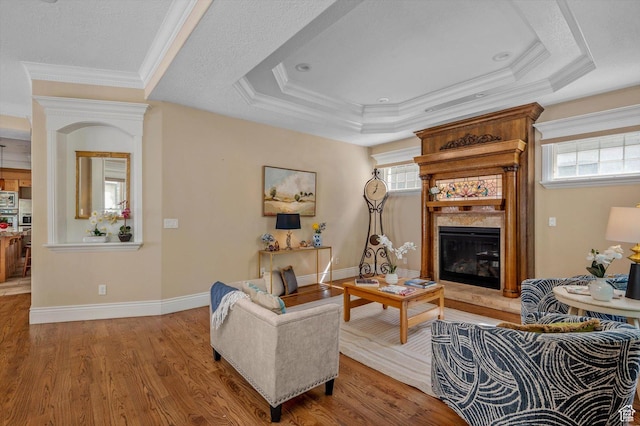 521 E 900 S, Salt Lake City, UT 84105 - living room featuring a fireplace, healthy amount of natural light, wood finished floors, a tray ceiling, and crown molding