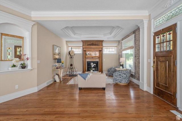 521 E 900 S, Salt Lake City, UT 84105 - living room featuring wood finished floors, a large fireplace, baseboards, ornamental molding, and a tray ceiling