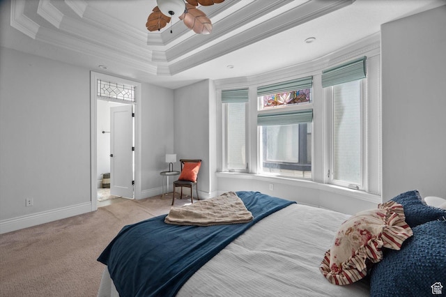 521 E 900 S, Salt Lake City, UT 84105 - carpeted bedroom with ornamental molding, multiple windows, a tray ceiling, baseboards, and ceiling fan