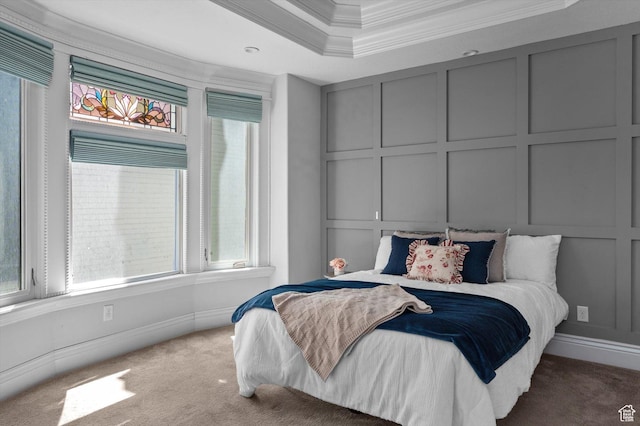 521 E 900 S, Salt Lake City, UT 84105 - bedroom with a decorative wall, crown molding, carpet, and a tray ceiling
