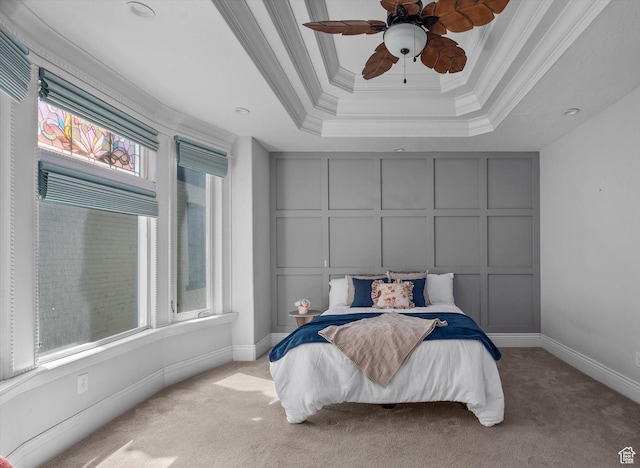 521 E 900 S, Salt Lake City, UT 84105 - bedroom with a decorative wall, crown molding, a raised ceiling, carpet, and ceiling fan
