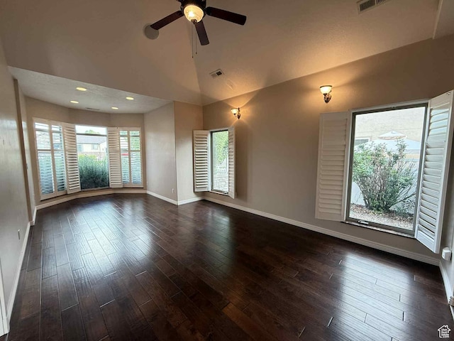 639 N 1550 E, Price, UT 84501 - spare room featuring baseboards, dark wood-type flooring, ceiling fan, high vaulted ceiling, and recessed lighting