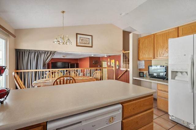 3139 S Timeron Dr, West Valley City, UT 84128 - kitchen with white appliances, a chandelier, lofted ceiling, light countertops, and light tile patterned flooring