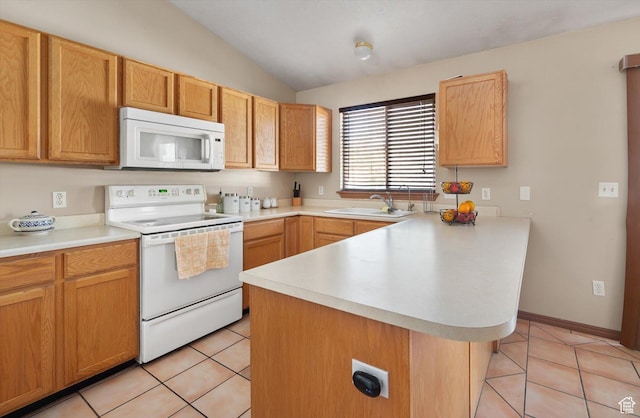 3139 S Timeron Dr, West Valley City, UT 84128 - kitchen with white appliances, a peninsula, lofted ceiling, a sink, and light countertops