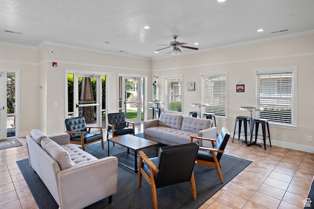 84 S 1630 W, Pleasant Grove, UT 84062 - living room featuring light tile patterned floors, a ceiling fan, recessed lighting, crown molding, and baseboards