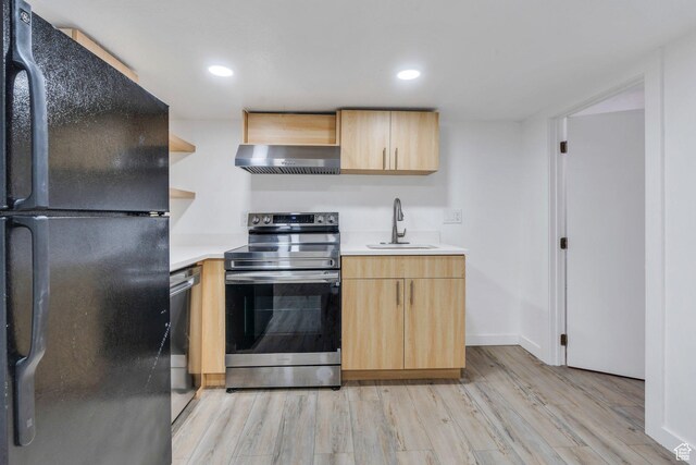 520 S Jeremy St W, Salt Lake City, UT 84104 - kitchen with stainless steel appliances, extractor fan, open shelves, light brown cabinetry, and a sink