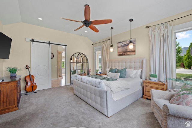 1827 S Hillcrest Cir, Mapleton, UT 84664 - bedroom with a barn door, vaulted ceiling, light carpet, recessed lighting, and ceiling fan
