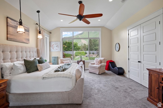 1827 S Hillcrest Cir, Mapleton, UT 84664 - bedroom featuring vaulted ceiling, carpet, recessed lighting, a ceiling fan, and a closet