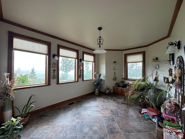 11730 E 24200 N, Fairview, UT 84629 - unfurnished dining area with baseboards, dark stone finish flooring, and crown molding