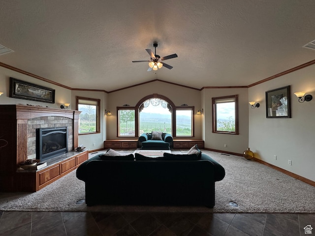 11730 E 24200 N, Fairview, UT 84629 - living room with vaulted ceiling, ceiling fan, baseboards, a textured ceiling, and a fireplace