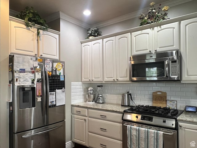 1107 E 1625 N, North Logan, UT 84341 - kitchen featuring stainless steel appliances, ornamental molding, decorative backsplash, and light stone counters