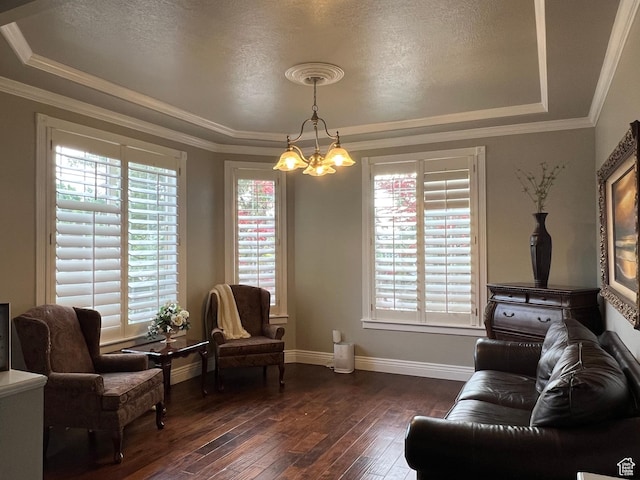 1107 E 1625 N, North Logan, UT 84341 - living area with a tray ceiling, a chandelier, dark wood-type flooring, baseboards, and a textured ceiling
