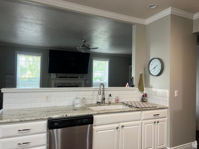 1107 E 1625 N, North Logan, UT 84341 - kitchen featuring dishwasher, a sink, decorative backsplash, a ceiling fan, and ornamental molding