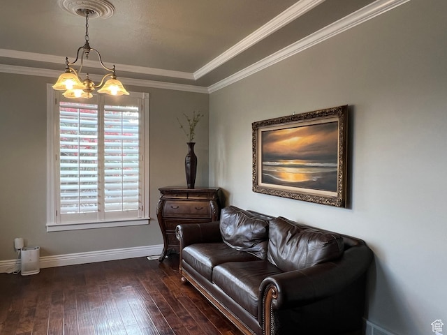1107 E 1625 N, North Logan, UT 84341 - living area featuring dark wood-style floors, baseboards, a chandelier, and crown molding