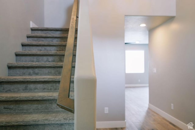 583 N Staci Dr, Hurricane, UT 84737 - stairs featuring baseboards, wood finished floors, and recessed lighting
