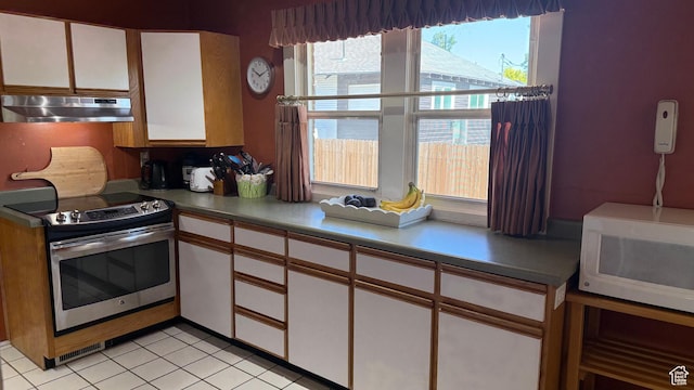 74 W Quayle Ave S, Salt Lake City, UT 84115 - kitchen with stainless steel range with electric stovetop, under cabinet range hood, white microwave, and white cabinets